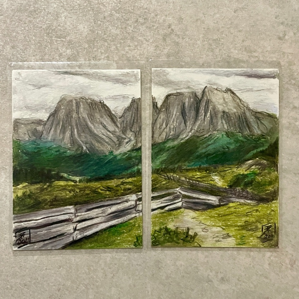 2x mountain and fence landscape ACEO art card set original artwork